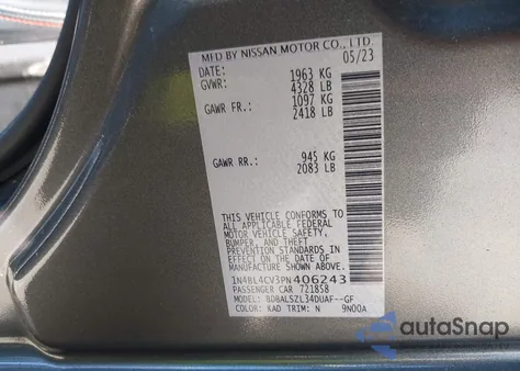 2023 Nissan Altima Sr Fwd from USA, damaged, VIN 1N4BL4CV3PN406243